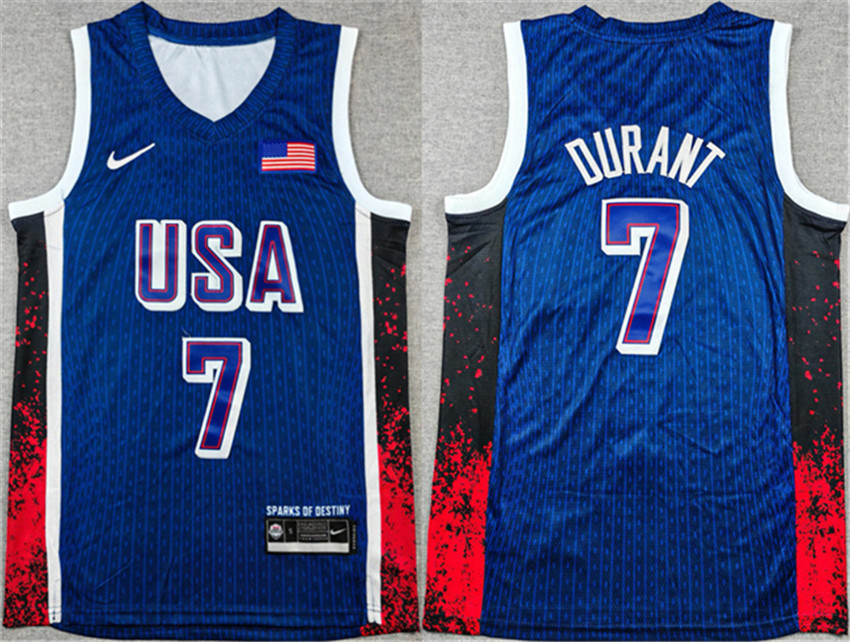 Men's Navy USA Basketball #7 Kevin Durant 2024 Olympics Stitched Jersey